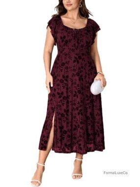 Plus Size Floral Maxi Dress Off Shoulder Ruffle Sleeve Semi Formal Wedding Guest